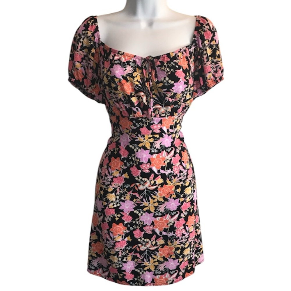 REWIND Women’s Jr L Milkmaid Multi Pink Orange Ditsy Floral Smocked SS Dress EUC